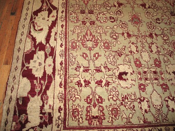 Antique indian agra carpet 11'×29' celadon & burgundy, geometric, circa 1890 4 Antique indian agra carpet 11'×29' celadon & burgundy, geometric, circa 1890 - detail view 3