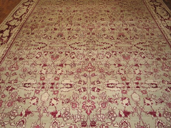 Antique indian agra carpet 11'×29' celadon & burgundy, geometric, circa 1890 5 Antique indian agra carpet 11'×29' celadon & burgundy, geometric, circa 1890 - detail view 4