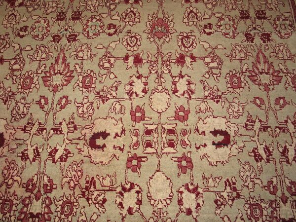 Antique indian agra carpet 11'×29' celadon & burgundy, geometric, circa 1890 6 Antique indian agra carpet 11'×29' celadon & burgundy, geometric, circa 1890 - detail view 5