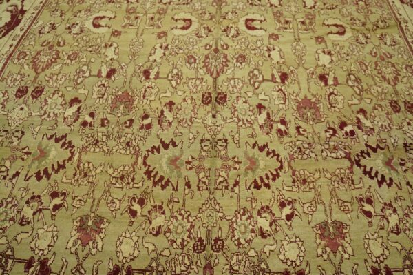 Antique indian agra carpet 11'×29' celadon & burgundy, geometric, circa 1890 8 Antique indian agra carpet 11'×29' celadon & burgundy, geometric, circa 1890 - detail view 7