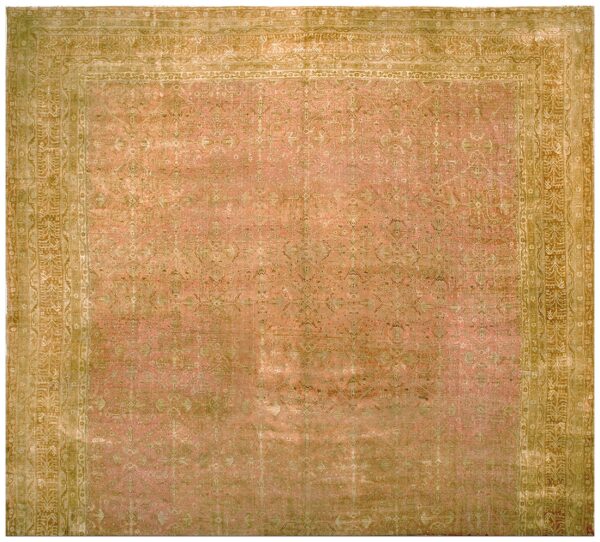 Antique indian agra carpet 15'×19'6" dusty rose floral, beige border, circa 1890