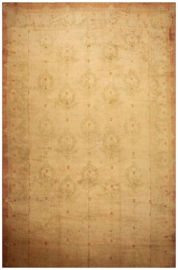 Antique indian agra gallery carpet 12'6"×27'6" beige field, camel border, large-scale geometric design, circa 1900