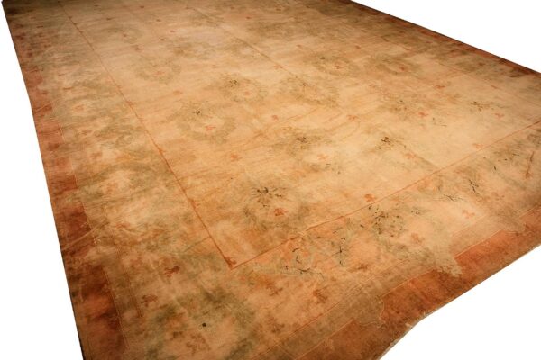 Antique indian agra gallery carpet 12'6"×27'6" beige field, camel border, large-scale geometric design, circa 1900 - detail view 1