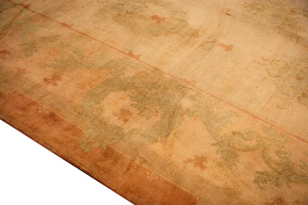 Antique indian agra gallery carpet 12'6"×27'6" beige field, camel border, large-scale geometric design, circa 1900 - detail view 2