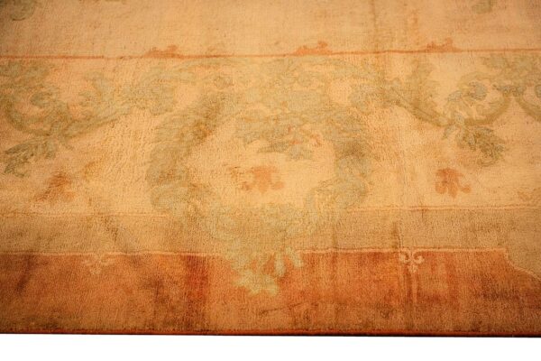 Antique indian agra gallery carpet 12'6"×27'6" beige field, camel border, large-scale geometric design, circa 1900 - detail view 3