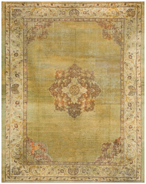 Antique indian amritsar carpet 9'2"ã—11'8" aqua field, ivory border, medallion design, circa 1900