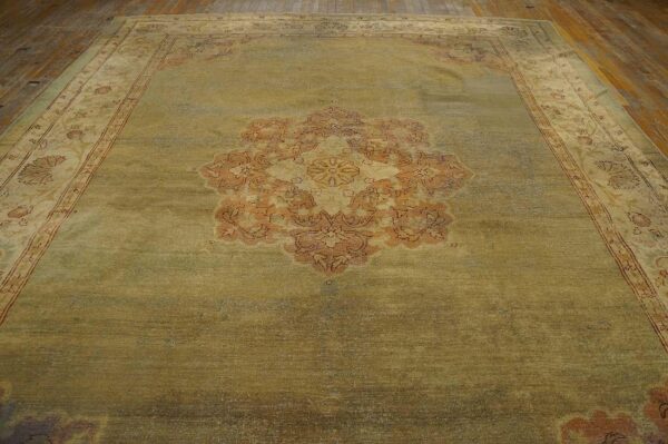 Antique indian amritsar carpet 9'2"ã—11'8" aqua field, ivory border, medallion design, circa 1900 - detail view 10