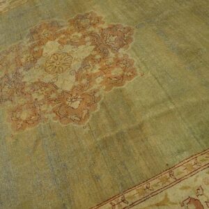 Antique Indian Amritsar Carpet 9'2"Ã—11'8" Aqua Field, Ivory Border, Medallion Design, Circa 1900 - detail view 12