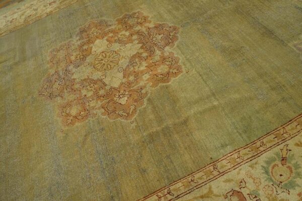 Antique indian amritsar carpet 9'2"ã—11'8" aqua field, ivory border, medallion design, circa 1900 - detail view 12
