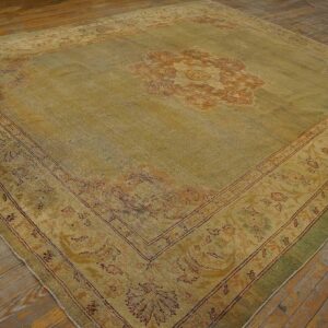 Antique Indian Amritsar Carpet 9'2"Ã—11'8" Aqua Field, Ivory Border, Medallion Design, Circa 1900 - detail view 1