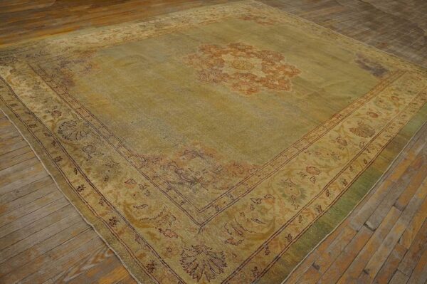 Antique indian amritsar carpet 9'2"ã—11'8" aqua field, ivory border, medallion design, circa 1900 - detail view 1
