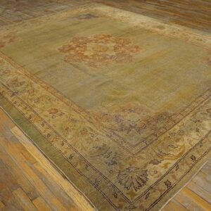 Antique Indian Amritsar Carpet 9'2"Ã—11'8" Aqua Field, Ivory Border, Medallion Design, Circa 1900 - detail view 2