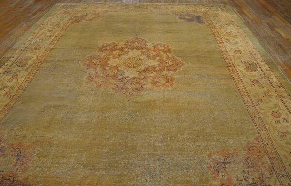 Antique indian amritsar carpet 9'2"ã—11'8" aqua field, ivory border, medallion design, circa 1900 - detail view 3