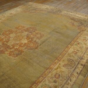 Antique Indian Amritsar Carpet 9'2"Ã—11'8" Aqua Field, Ivory Border, Medallion Design, Circa 1900 - detail view 4