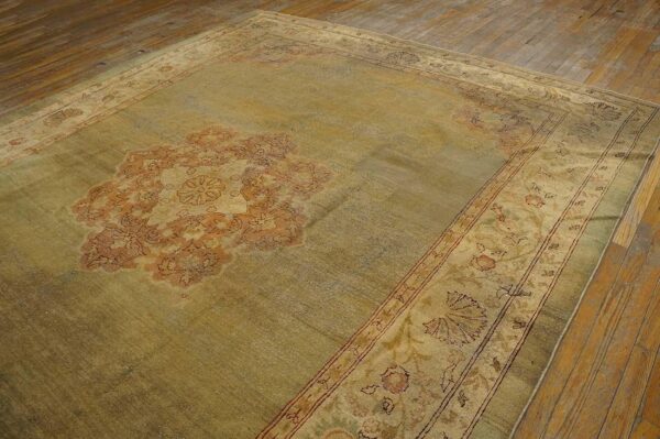 Antique indian amritsar carpet 9'2"ã—11'8" aqua field, ivory border, medallion design, circa 1900 - detail view 4
