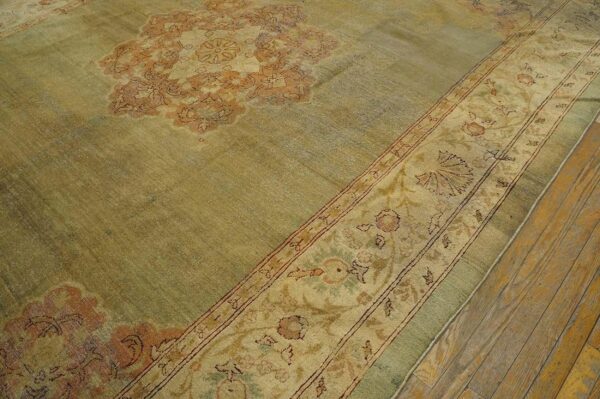 Antique indian amritsar carpet 9'2"ã—11'8" aqua field, ivory border, medallion design, circa 1900 - detail view 5