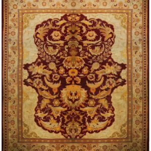 Antique Indian Amritsar Carpet 18'10"×20'10" Claret Red Medallion, Beige Border, Circa 1880