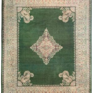 Antique Indian Amritsar Carpet 12'×14'9" Green Field, Soft Yellow Border, 19th Century