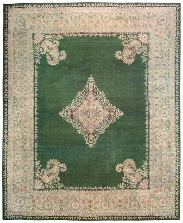 Antique indian amritsar carpet 12'×14'9" green field, soft yellow border, 19th century