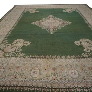 Antique Indian Amritsar Carpet 12'×14'9" Green Field, Soft Yellow Border, 19th Century - detail view 1