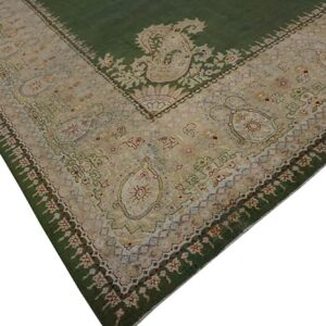 Antique Indian Amritsar Carpet 12'×14'9" Green Field, Soft Yellow Border, 19th Century - detail view 2