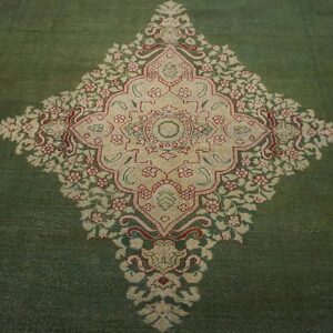 Antique Indian Amritsar Carpet 12'×14'9" Green Field, Soft Yellow Border, 19th Century - detail view 3