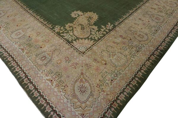 Antique indian amritsar carpet 12'×14'9" green field, soft yellow border, 19th century - detail view 4