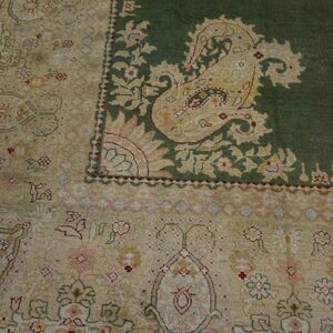 Antique Indian Amritsar Carpet 12'×14'9" Green Field, Soft Yellow Border, 19th Century - detail view 5