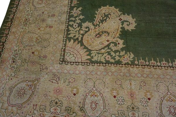 Antique indian amritsar carpet 12'×14'9" green field, soft yellow border, 19th century - detail view 5
