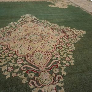 Antique Indian Amritsar Carpet 12'×14'9" Green Field, Soft Yellow Border, 19th Century - detail view 6