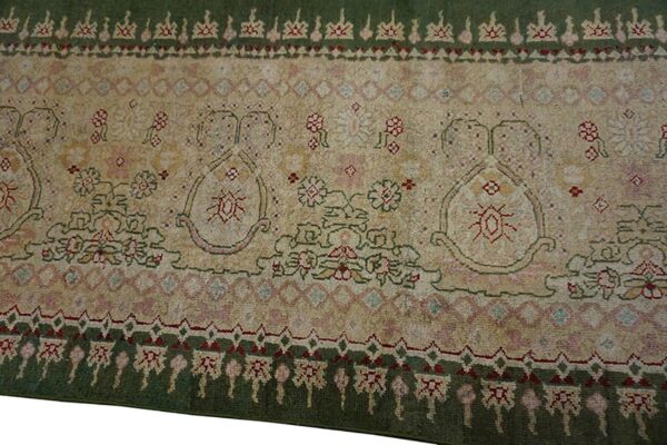Antique indian amritsar carpet 12'×14'9" green field, soft yellow border, 19th century - detail view 7