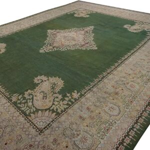 Antique Indian Amritsar Carpet 12'×14'9" Green Field, Soft Yellow Border, 19th Century - detail view 8