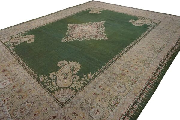 Antique indian amritsar carpet 12'×14'9" green field, soft yellow border, 19th century - detail view 8