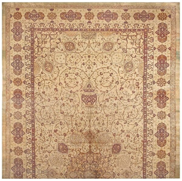 Antique indian amritsar carpet 14'×27' ivory floral, purple border, circa 1900