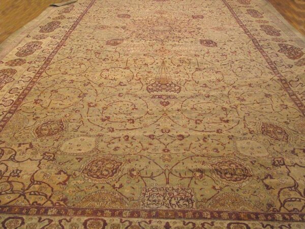Antique indian amritsar carpet 14'×27' ivory floral, purple border, circa 1900 - detail view 1