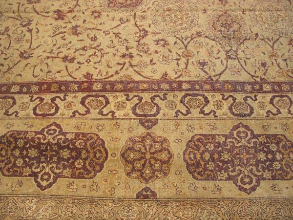 Antique indian amritsar carpet 14'×27' ivory floral, purple border, circa 1900 - detail view 4