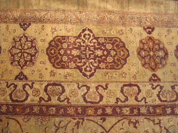 Antique indian amritsar carpet 14'×27' ivory floral, purple border, circa 1900 - detail view 5