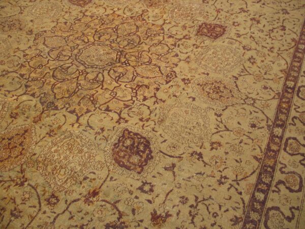 Antique indian amritsar carpet 14'×27' ivory floral, purple border, circa 1900 - detail view 6