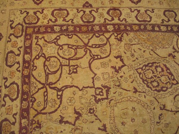 Antique indian amritsar carpet 14'×27' ivory floral, purple border, circa 1900 - detail view 8