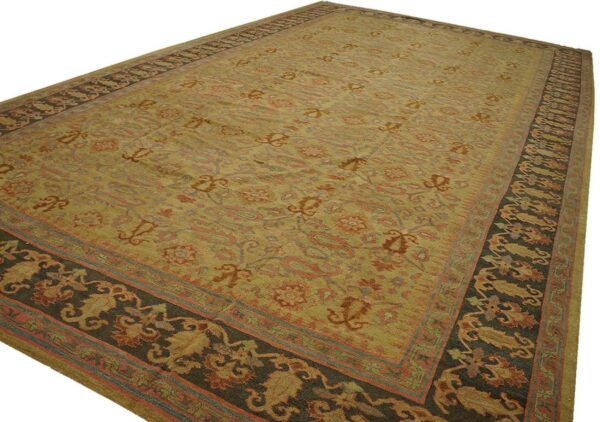 Antique indian amritsar carpet 11'9"×19'6" yellow floral, charcoal border, circa 1890 - detail view 1
