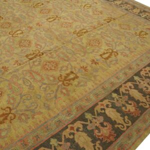 Antique Indian Amritsar Carpet 11'9"×19'6" Yellow Floral, Charcoal Border, Circa 1890 - detail view 4