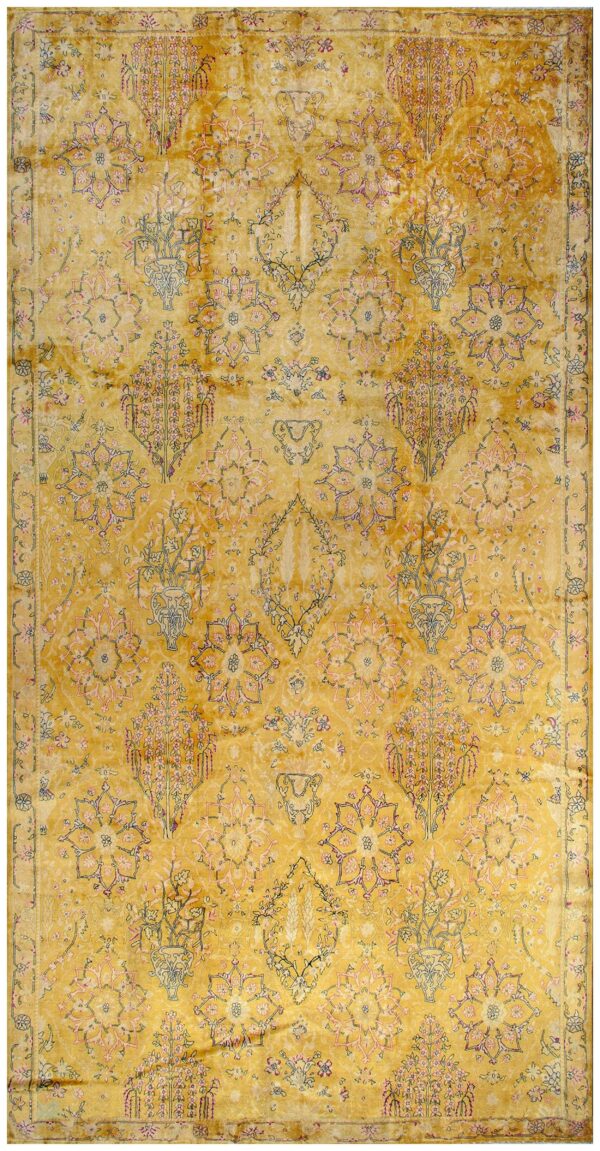 Antique indian carpet 11'×22'4" yellow herati design, hand-knotted wool, circa 1920 1 Antique indian carpet 11'×22'4" yellow herati design, hand-knotted wool, circa 1920