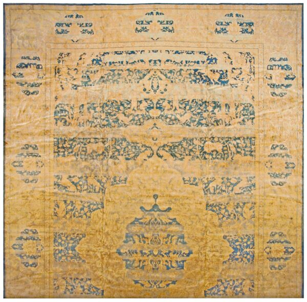 Antique indian lahore carpet 14'×23' blue medallion, soft yellow border, circa 1920