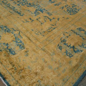Antique Indian Lahore Carpet 14'×23' Blue Medallion, Soft Yellow Border, Circa 1920 - detail view 2