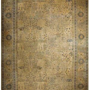 Antique Indian Lahore Carpet 12'6"×24' Ivory & Tan Floral, Camel Field, Circa 1930