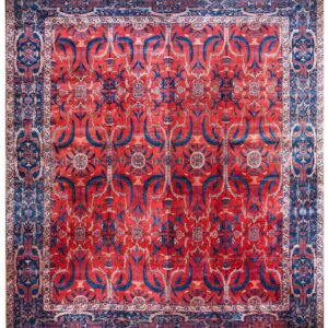 Antique Indian Lahore Carpet 26'×23'7" Rust Field, Blue Border, Mughal-Inspired Design, Circa 1890
