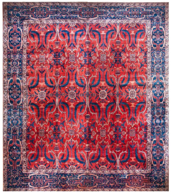 Antique indian lahore carpet 26'×23'7" rust field, blue border, mughal-inspired design, circa 1890