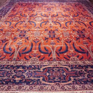 Antique Indian Lahore Carpet 26'×23'7" Rust Field, Blue Border, Mughal-Inspired Design, Circa 1890 - detail view 1