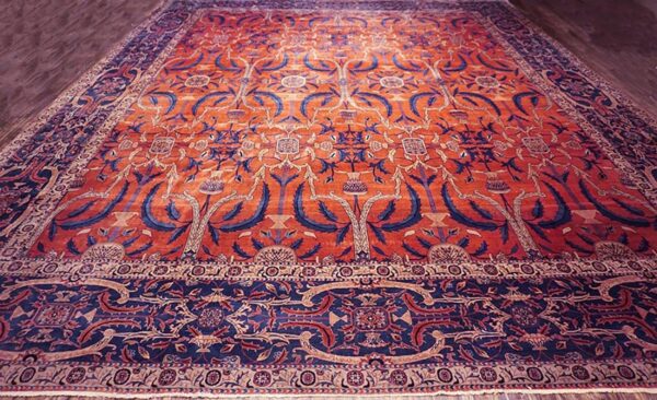 Antique indian lahore carpet 26'×23'7" rust field, blue border, mughal-inspired design, circa 1890 - detail view 1