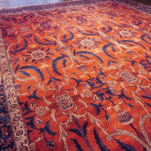 Antique Indian Lahore Carpet 26'×23'7" Rust Field, Blue Border, Mughal-Inspired Design, Circa 1890 - detail view 2